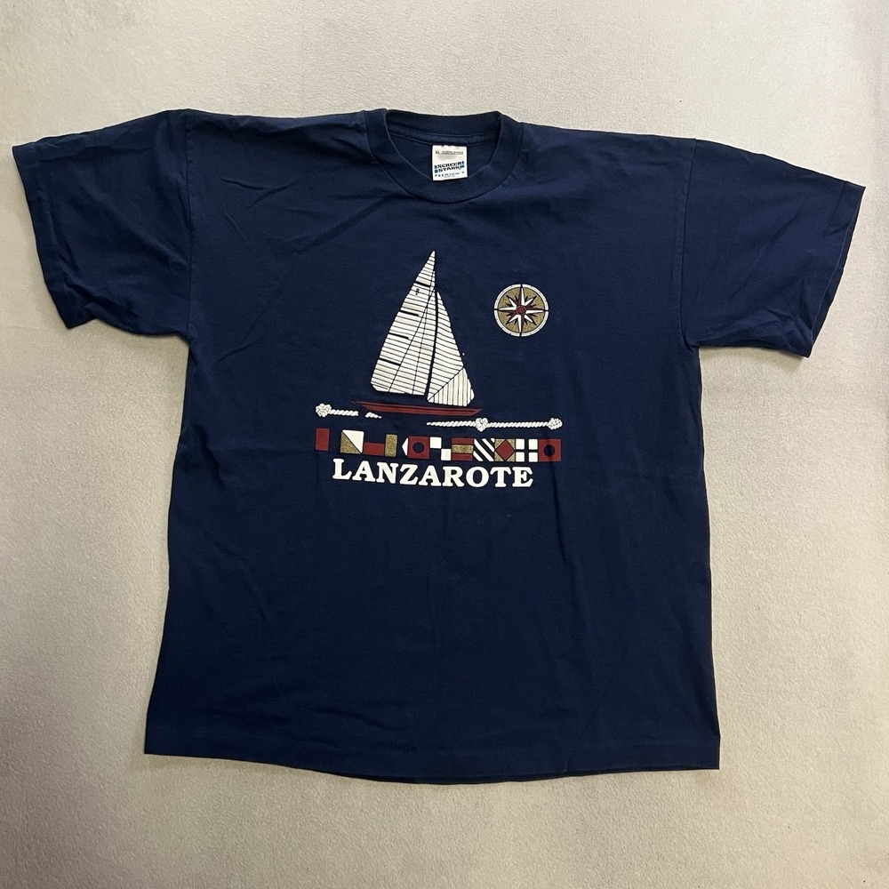 Vintage 90s Single Stitch Lanzarote T-Shirt Men's Size XL Blue Screen Stars Tee